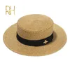 Ladies Sun Boater Flat Hats Small Bee Sequins Straw Retro Gold Braided Female Sunshade Shine Cap RH 220725