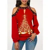 Christmas Top Women Sexy Long Sleeves Off Shoulder Hollow Out Tee Tops Fashion Christmas Tree Print Elegant Blouses 220407
