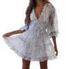 Women Sweet Style Polka Dot Floral Print Deep V-neck Ruffle Backless Long Sleeve Mini Dress Sundress for Date Streetwear L220705