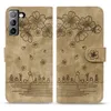 Étuis portefeuille en cuir de fleurs pour Samsung A35 A55 S22 Ultra Plus A13 A53 A33 A32 A22 A52 A12 Mode Sakura Cherry Vintage Print Cat Holder Flip Cover Card Slot Pouch