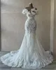2022 magnifique dentelle sirène robes de mariée robe de mariée balayage train perlé appliques fleurs faites à la main sur mesure plus la taille bijou décolleté robe de mariée