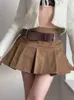 Heyoungirl Casual Brown veckade minikjol damer hög midja korta kjolar kvinnor med bälte koreansk mode 90 -tal Summer Street 220701