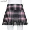 Lace Up Goth Y2K Woman Skirts Pink Stripe Plaid Lace Trim Pleated School Skirt Punk Dark Academia Aesthetic E Girl Clothes 220701