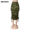 Cm.yaya elastische hoge taille pocketoeten Shirrint Mid Calf Dames Rokken Print Camouflage Spaper Schede Rok Vrouwelijke Zomer 220317