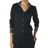 Camicette scozzesi slim sexy da donna estive Primavera Autunno Manica lunga Abbigliamento da lavoro Top casual Office Lady Bottone sul davanti Collo a bavero Camicia classica Nero Bianco Top TAGLIA S-XXL