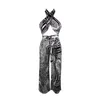 Sexy Women 2 Piece Boho Summer Outfits Sexy Printed Aesthetic Cross Backless Camis Tops Wide Leg Loose Trousers Sets A40 220511