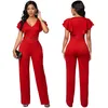 Green Jumpsuit V Collar Short Sleeve Ruffles Women Rompers Jumpsuites Club Outfits Elegant Woman Long Jumpsuit 2XL XL-S