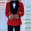 Glitter Red Sequins Mens Passar Groom Bröllop Tuxedos Slim Fit Double Breasted Blazer Man Formell Business Prom Dress 2 Pieces Traje de Hombre Male Tuxedo Suit