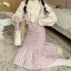 Houzhou Kawaiiウールウールピンクチェック柄マーメイドスカート女性秋日本の甘いエレガントハイウエストスリムストラップロングスカートソフトガール220317