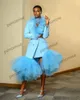 Robe de costume bleu ciel pour femmes, robe de demoiselle d'honneur, manches longues, bord à volants, tenues pour dames, veste de mode, 2022