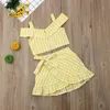 Baby zomer kleding peuter kind meisje geruite kleren vest crop top off schouder shirt onregelmatige rok 2pcs outfit set 220620