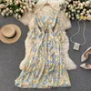 FMFSSOM Bohemian Style Flower Maxi Dres Summer Bow Belt Elastic Waist Withe with Lining V-neck Betterfly Sleeve Clothes 220516