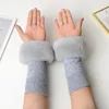 Five Fingers Gloves Women Warm Fingerless Mid-Length Arm Sleeve Cashmere Real Rex Fur Cuffs Winter High Elastic Wool Knitted