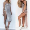 Frauen Sexy Sommer Sonnencreme Sheer Mesh Bikini Cover Up Metallic Einfarbig Backless Hohe Schlitz Strand Club Party Ärmelloses Kleid 220707