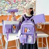 4 Pcs Sets Purple Colour Childrens School Backpack Kawaii Womens Backpack Bookbag School Bags for Teens Girls Mochila 220812