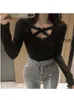 Spring Summer Tops Sexy Bow Ribbon Long Sleeve Top Slim T Shirt Bottoming Womens O Neck Lace Cross Solid Color Retro Korea E3PA 220811