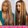 Colored Human Hair Wigs Highlight Frontal Straight Lace Front 4x4 Closure 220608