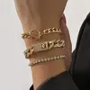 4 Stück/Set Strass-Armband-Set, kubanische Glieder-Armreifen für Damen und Herren, verstellbar, luxuriös, glänzend, klarer Kristall, klobiger l-Charm, Handschmuck, Geburtstagsgeschenke WKAC