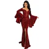 2022 Sparkly Arabic Burgundy Wine Sequined Lace Evening Dresses Wear Ruffles Poet Long Sleeves Mermaid High Split Sequins Formal Bridesmaid Prom Dress Party Gowns