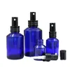 Embalagem Blue de vidro azul Medicador de alumínio de alumínio Bomba de prensa de loção de colarinho preto com capa preta reciliável recipiente portátil de cosméticos 15ml 30ml 60ml 100ml