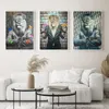 キャンバスウォールアートペインティングミリオンアニマルポスターとリビングルームの装飾のための億万長者のアートペインティングのスーツの写真の面白いライオンのボス
