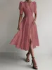 Casual Dresses Office Elegant V-hals Slit Satin Long Dress Vintage Polka Dot Print midjefest Summer Women Sexig Puff Sleeve