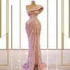 Robes de soirée à paillettes roses scintillantes 2022 Sexy une épaule froncée balayage train robes de bal formelles fente latérale sirène femmes Speci273F