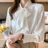 H Han Queen Ankomstskjorta Kvinnor Vintage Work Casual Tops Chiffon Blue Bow Elegant Loose Women Business Shirts 220727