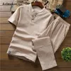 （シャツ+ズボン）到着夏のスタイルの男性綿とリネンシャツ高品質ファッションカジュアルソリッドメンズトリミングパンツ220401