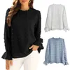 Damesblouses shirts vrouwen puffen lange mouw chiffon t gegolfde mock nek zwitsers stip jacquard blouse massieve kleur casual losse sleutelgat rug