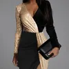 Casual Dresses 2022 Elegant Bollkakor Kvinnor V Neck Kontrast Sequin Split Lår Velvet Lång Party Klänning Svart Ärm Kvinnor Sexiga Robes