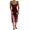 Casual Dresses Velvet Sexig Slim-Fit Split Suspender ￤rml￶s kl￤nning med h￶ga slitsar tunna axelremmar vik dekoration kl￤d.