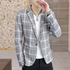 남자 블레이저 영국의 스타일 캐주얼 슬림 핏 슈트 재킷 남성 격자 무늬 블레이저 싱글 버튼 남자 코트 테르노 마스 쿨 리노 플러스 크기 3xl 220520
