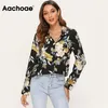 Aachoae Vintage kwiatowa bluzka Kobiety Dowody rękawowe Koszula Down Down Down Cołdka w rozmiarze Blopy dla kobiet Blusas 210326