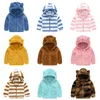 Children's Jacket Bear Ear Design Baby Solid Color Hoodie Outwear Stripe Pattern Woolen Kids Lovely Coat Clothing 28yr E3