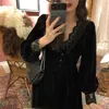 French Vintage Dress Women Lace Velvet Black Elegant Party Dress Female Autumn High Waist Long Sleeve Midi Gothic Dress 220317