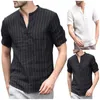 Men's Casual Shirts 56# Striped Blouse For Men Stand Short Sleeve Camisas Hombre Cotton Linen Loose Button Up Roupa MasculinaMen's