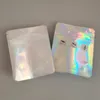 Återförslutningsbar plasthandel Rensa barnsäkra förpackningsväskor holografiska transparent påse lukt bevis mylar väska för torr blommor förpackningspåse