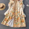 Neue mode frauen königlichen stil kleid einreiher v-ausschnitt laterne langarm druck blumen hohe taille maxi lange vestidos