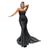 Col carré Satin Maxi robe Long Train sirène sans manches soirée débardeur Stretch noir étage longueur robe 220521