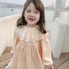 Dress Full Sleeve Solid Peter Pan Collar Lace Knee Length Cotton Casual New Fashion Sweet Spring Autumn Kids Fit for Girls G220428