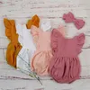 Organic Cotton Baby Girl Clothes Summer Double Gauze Kids Ruffle Romper Jumpsuit Headband Dusty Pink Playsuit For born 220426