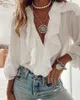 Puloru Elegant Fashion Ruffles V-hals Casual Shirts Fall Spring Office Lady Long Sleeve Button Down Tops Women's 220317