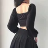 ITOOLIN Women Y2k Chains Tees Dark Black Gothic Zipped Top Sexy Off Shoulder T shirts Clubwear Long Sleeve Crop Tops Knit 220714