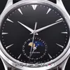 VF V3 Master Ultra Dunne Moon Q1368470 JLC A925 Automatische Mens Watch Steel Case Black Dial Silver Stick Markers Lederen Strap Corre222F