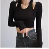 ZCSMLL Slim-fit U-neck Fake Two-piece Tops High-waist Strip Long-sleeved Bottoming T Shirt Female Spring Summer Top W220409