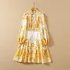 European and American women's wear spring 2022 new Long sleeve stand collar with court print Fashion cotton and linen dress