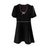 Bubble Sleeve Black Dress light luxury feeling diamond studded heavy industry short sleeve temperament waist low neck skirt
