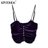 KPYTOMOA Women Sexy Fashion Pleated Velvet Cropped Tank Tops Vintage Back Elastic Removable Straps Female Camis Mujer 210401