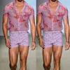 Çiçek şeffaf dantel şeffaf gömlek erkekler seksi görüyor erkek elbise gömlekleri gündelik kısa kollu parti plaj tatil kimya 220521